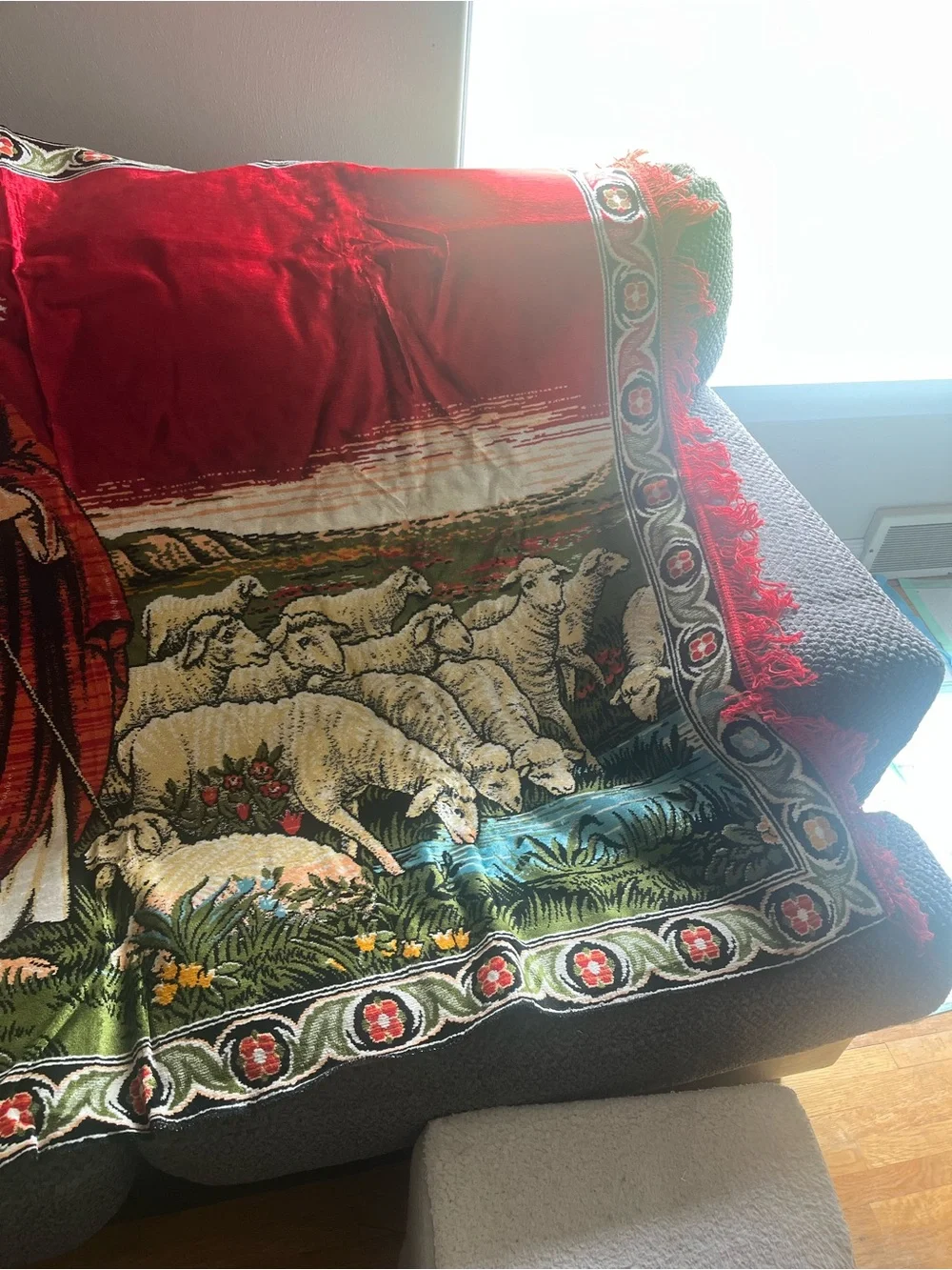 Amazing VinyReligious Shepherd Tapestry in Red and Cream